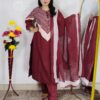 Woman wearing Wine Premium Cotton Printed Straight Kurta with Matching Pants and Coordinated Dupatta