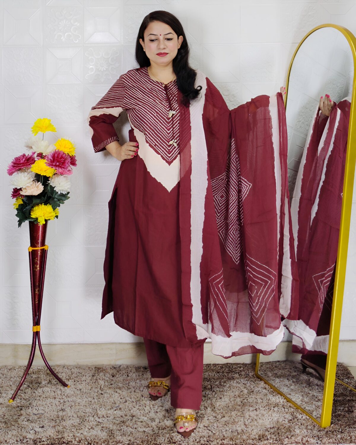 Woman wearing Wine Premium Cotton Printed Straight Kurta with Matching Pants and Coordinated Dupatta