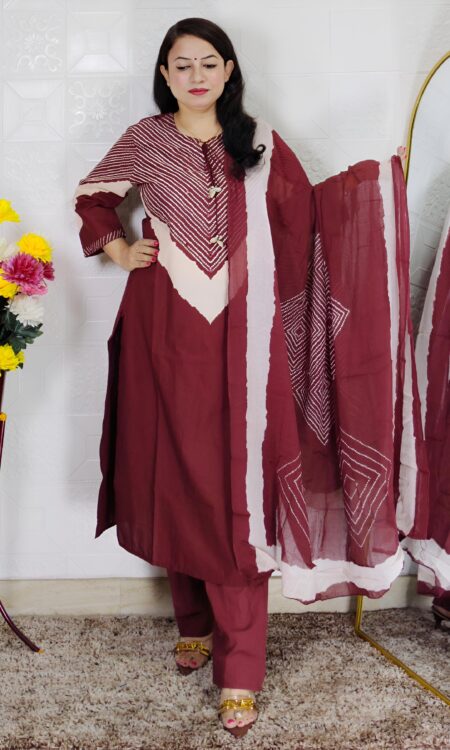 Woman wearing Wine Premium Cotton Printed Straight Kurta with Matching Pants and Coordinated Dupatta