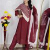 Woman wearing Wine Premium Cotton Printed Straight Kurta with Matching Pants and Coordinated Dupatta