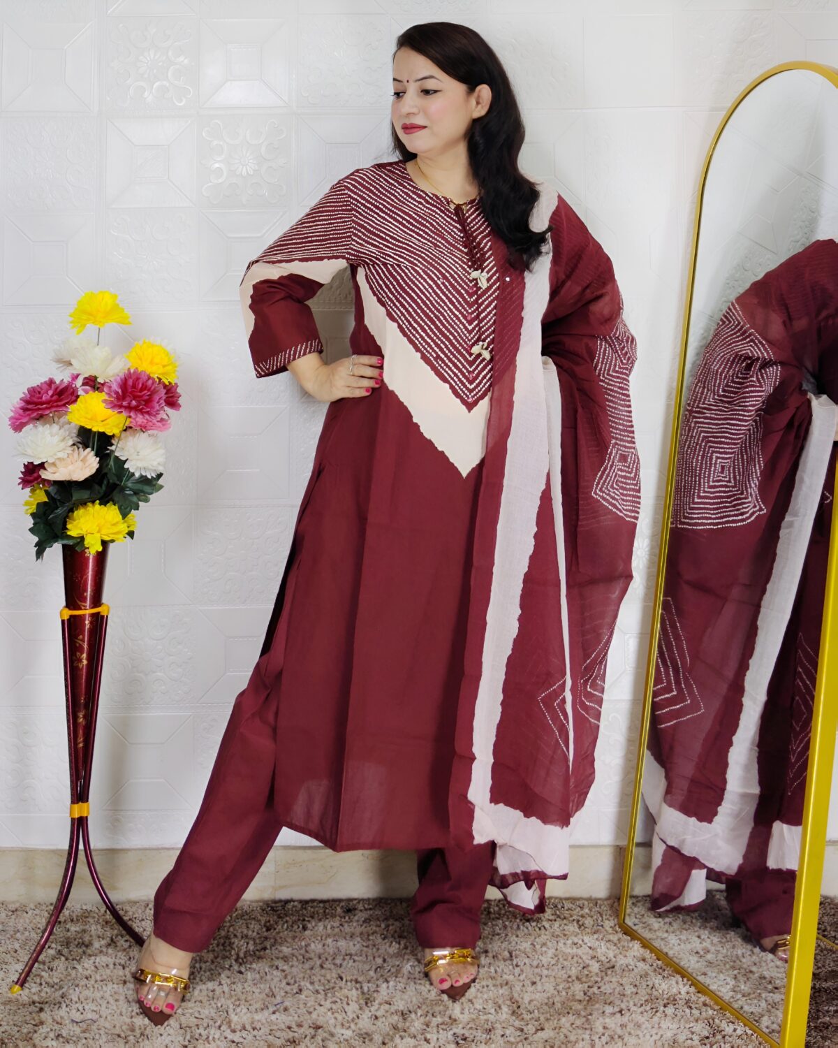 Woman wearing Wine Premium Cotton Printed Straight Kurta with Matching Pants and Coordinated Dupatta