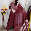 Woman wearing Wine Premium Cotton Printed Straight Kurta with Matching Pants and Coordinated Dupatta