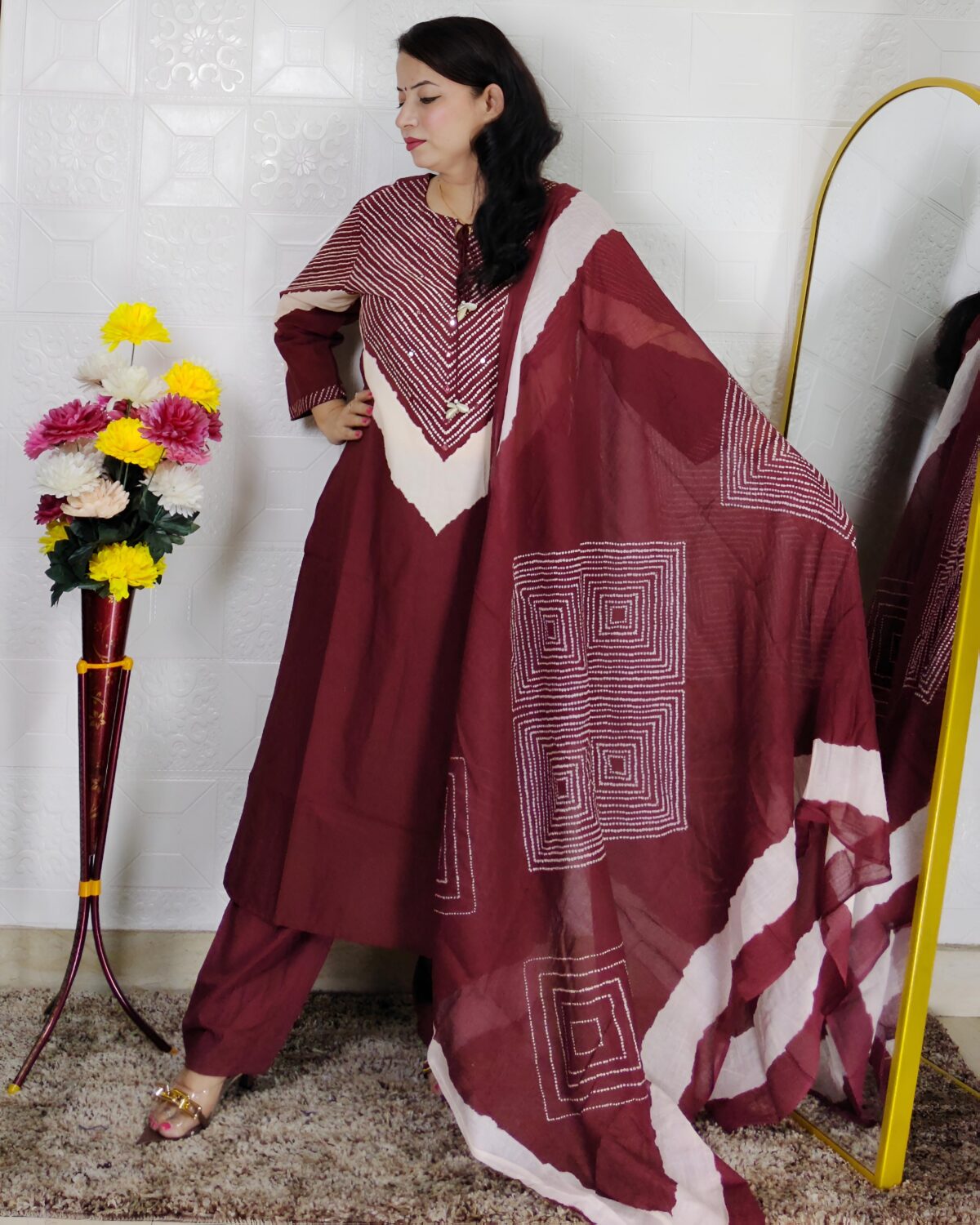 Woman wearing Wine Premium Cotton Printed Straight Kurta with Matching Pants and Coordinated Dupatta