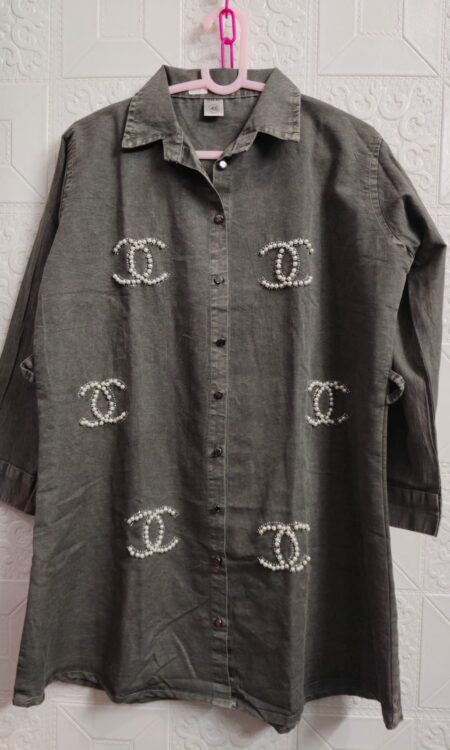 Woman's Grey Cotton Denim Pearl Embellished Shirt Style Co-Ord Set with Front Button Closure