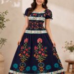 Navy Blue Floral Printed Smocked Maxi Dress for Women | Boho Summer Long Dress | Free Size up 5XL