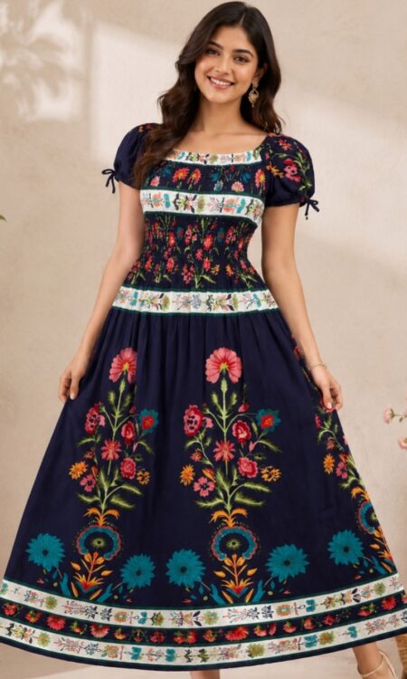 Woman wearing Navy Blue Floral Printed Smocked Maxi Dress with Puff Sleeves and Flared Silhouette