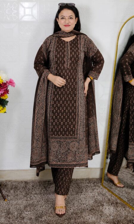 Brown Premium Cotton Printed 3 Piece Suit Set for Women with Matching Dupatta and Pant | Fashionkey By Pari
