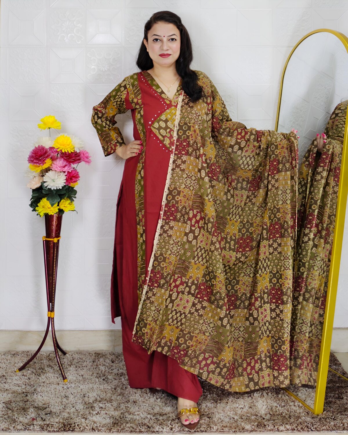 Maroon Premium Dabu Cotton Suit Set for Women