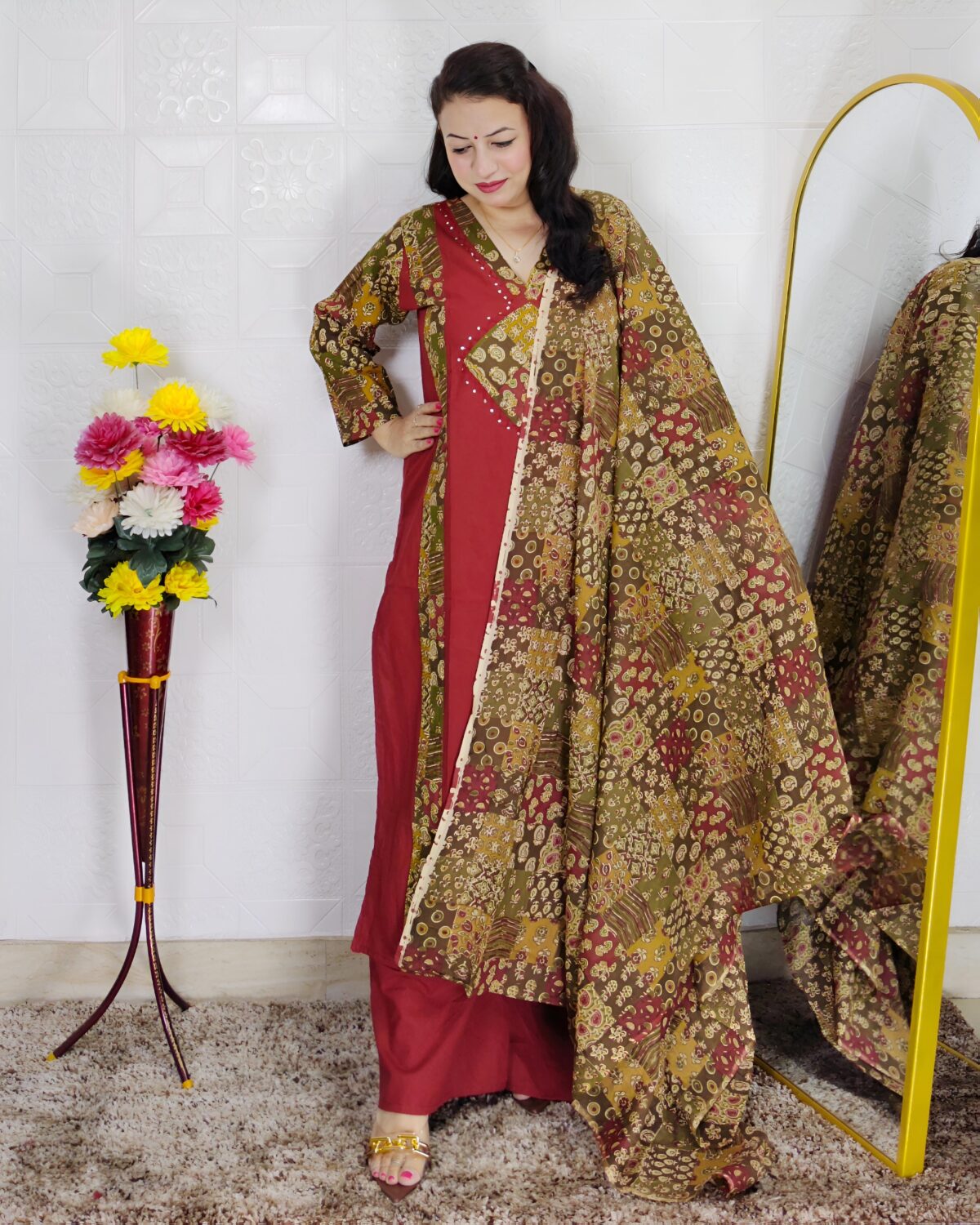 Maroon Premium Dabu Cotton Suit Set for Women