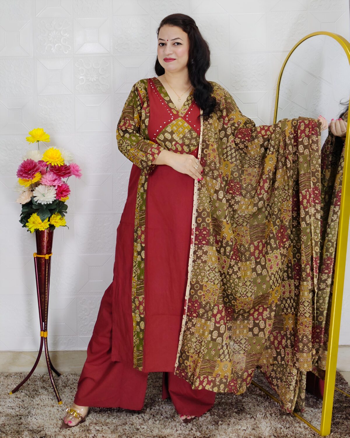 Maroon Premium Dabu Cotton Suit Set for Women