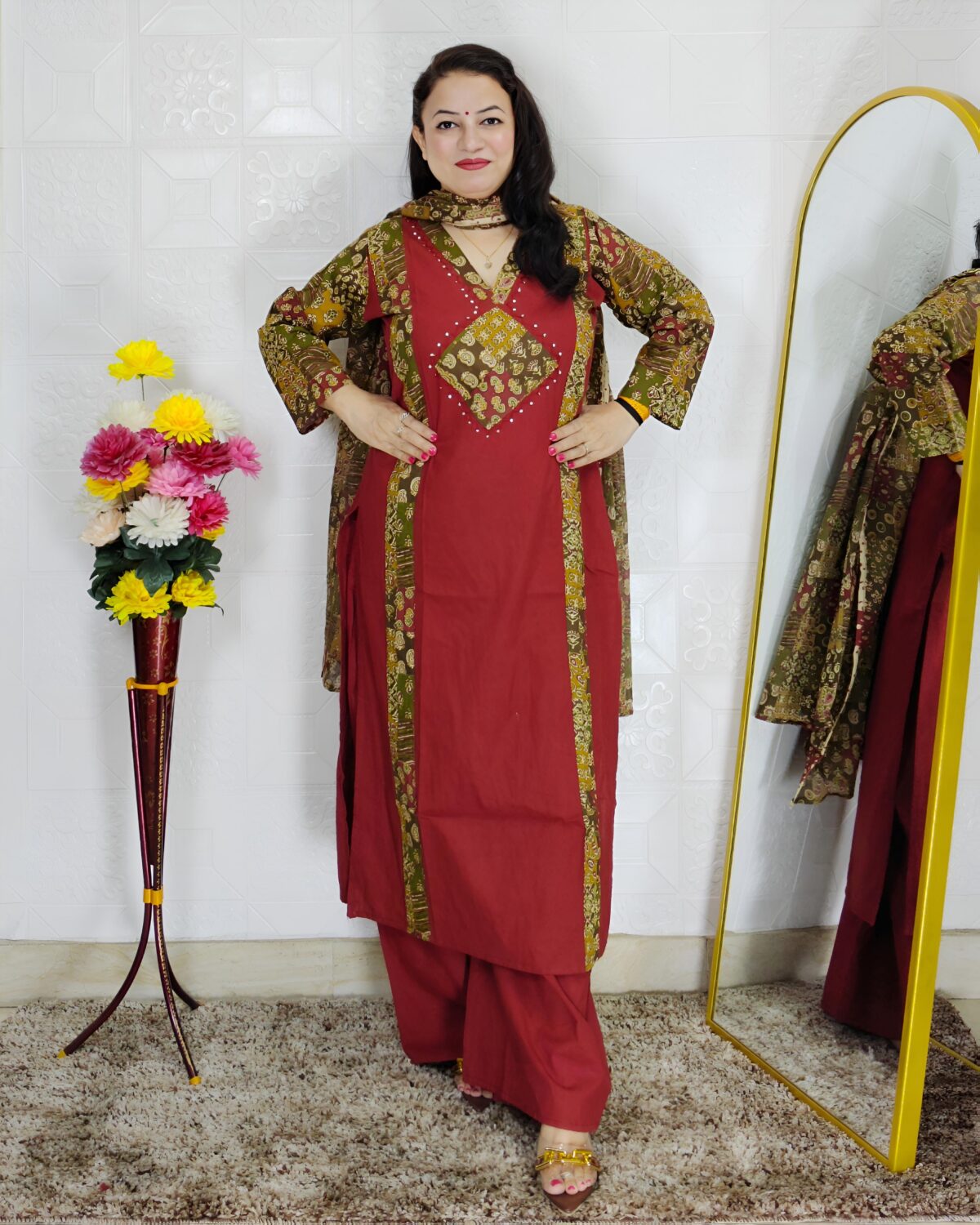 Maroon Premium Dabu Cotton Suit Set for Women