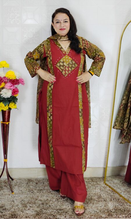 Maroon Premium Dabu Cotton Suit Set for Women