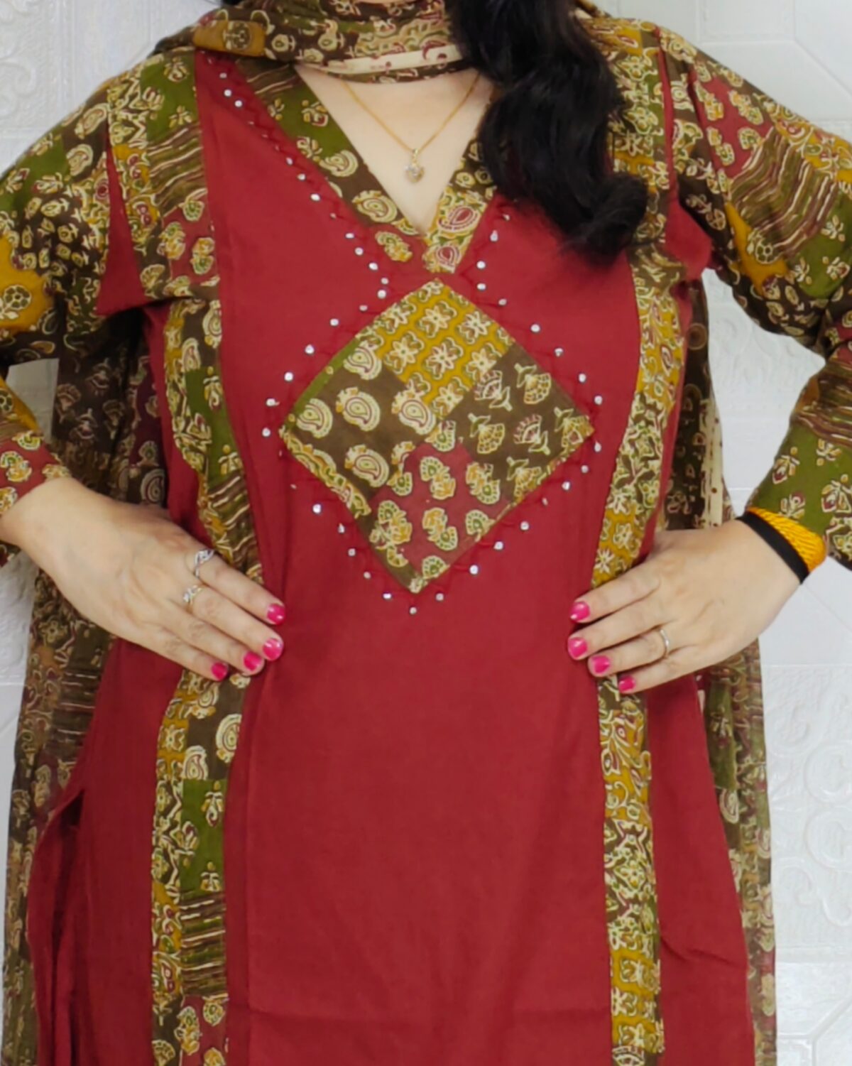 Maroon Premium Dabu Cotton Suit Set for Women