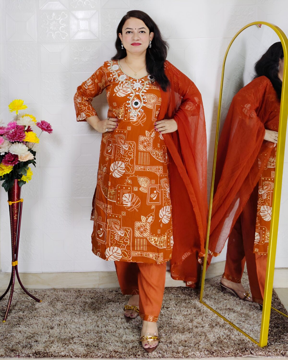 Orange Mirror Work 3 Piece Suit Set for Women