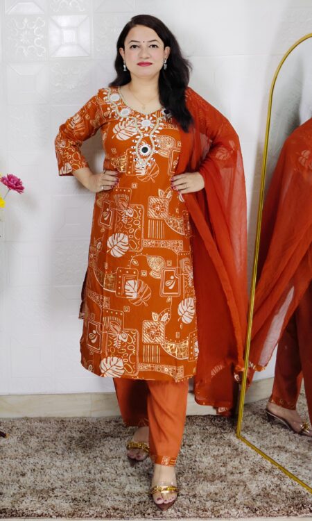 Orange Mirror Work 3 Piece Suit Set for Women