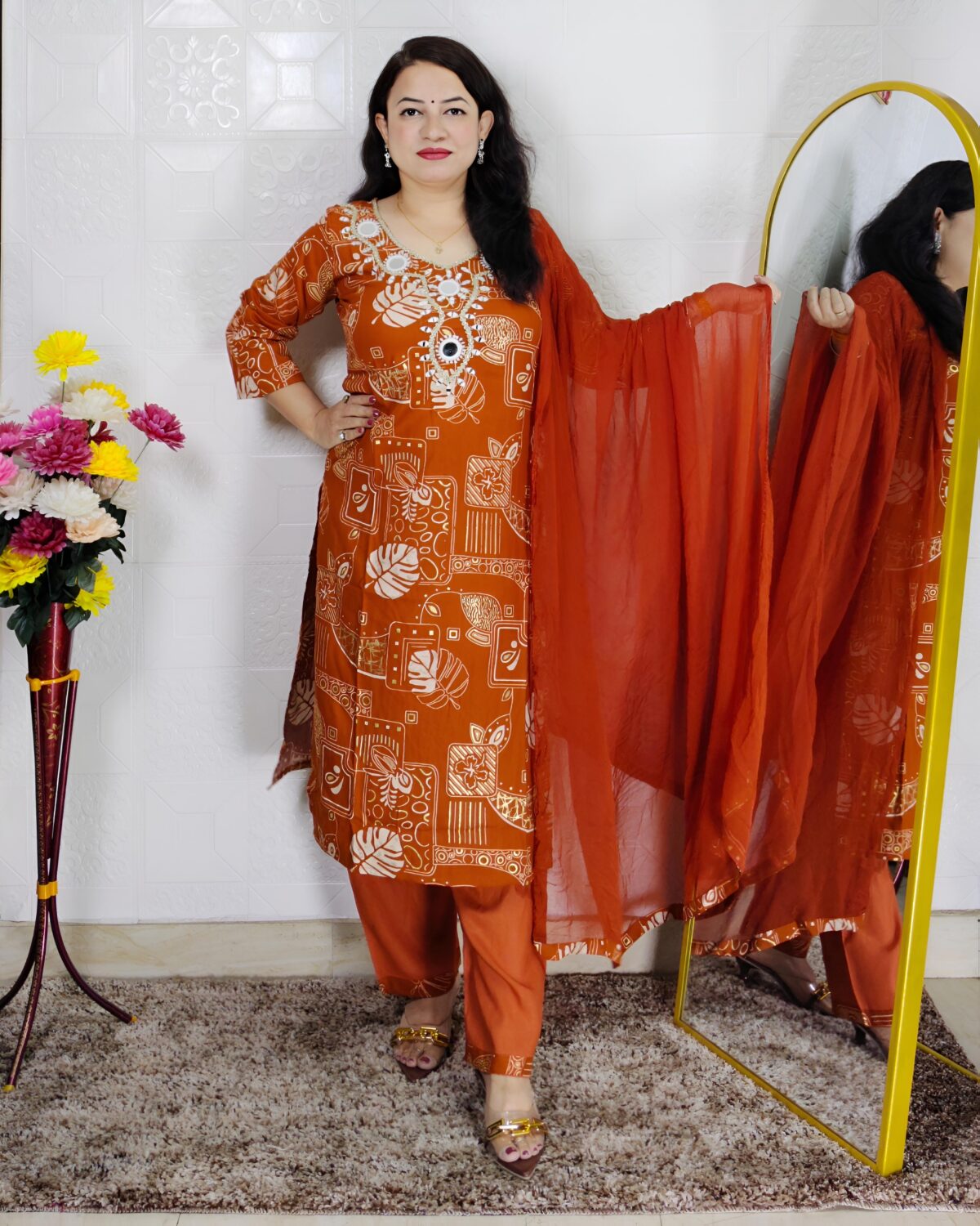 Orange Mirror Work 3 Piece Suit Set for Women
