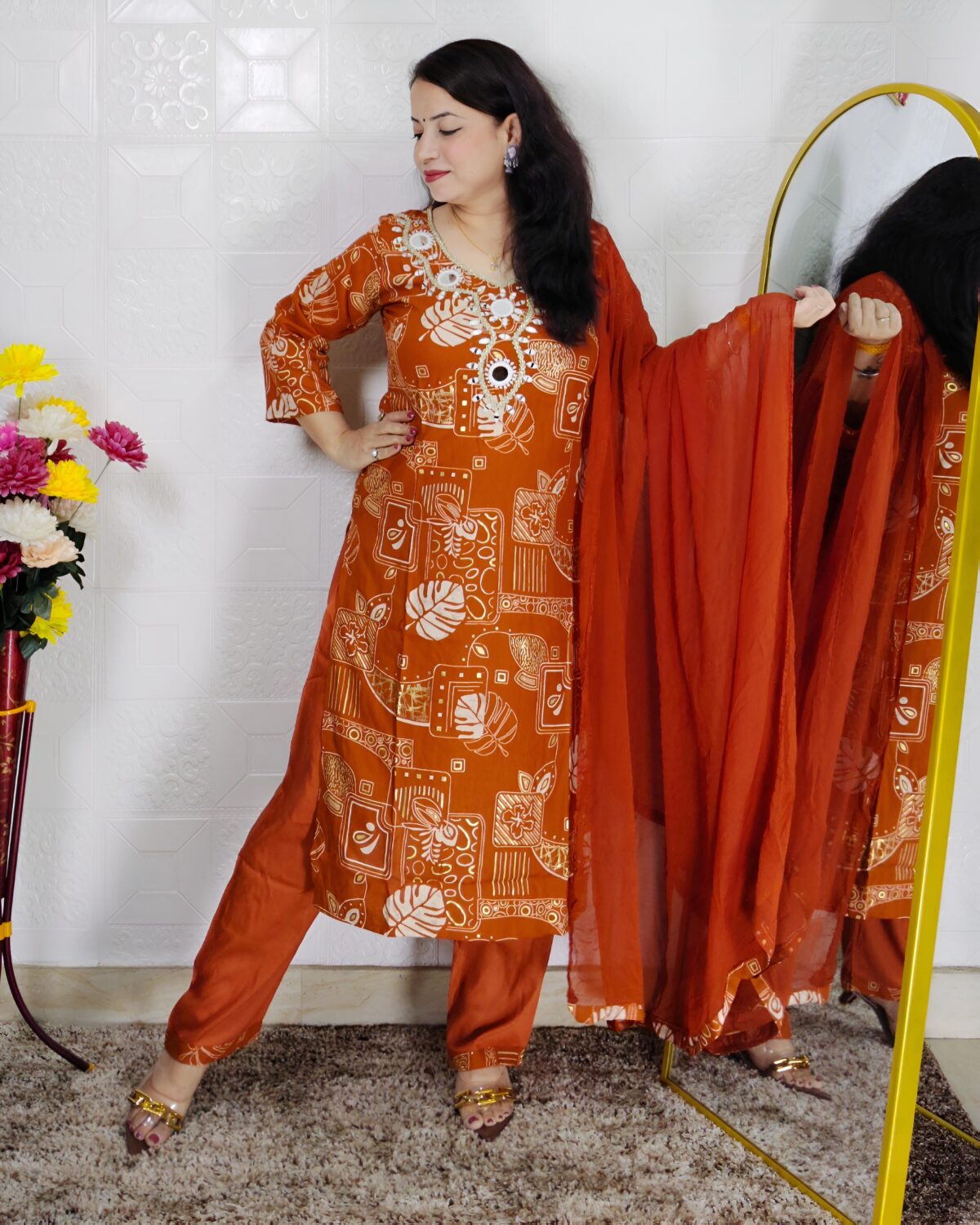Orange Mirror Work 3 Piece Suit Set for Women