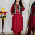 Woman wearing Maroon Premium Cotton Straight Kurta with Matching Pants and Designer Printed Ethnic Jacket