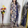 Woman wearing Navy Blue Ajrakh Print Premium Cotton Straight Kurta Suit Set with Printed Palazzo Pants and Matching Cotton Dupatta