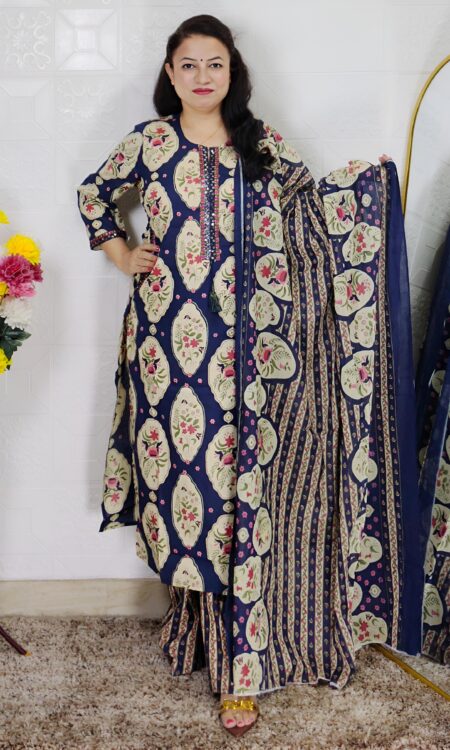 Woman wearing Navy Blue Ajrakh Print Premium Cotton Straight Kurta Suit Set with Printed Palazzo Pants and Matching Cotton Dupatta