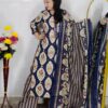 Woman wearing Navy Blue Ajrakh Print Premium Cotton Straight Kurta Suit Set with Printed Palazzo Pants and Matching Cotton Dupatta