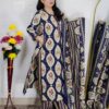 Woman wearing Navy Blue Ajrakh Print Premium Cotton Straight Kurta Suit Set with Printed Palazzo Pants and Matching Cotton Dupatta