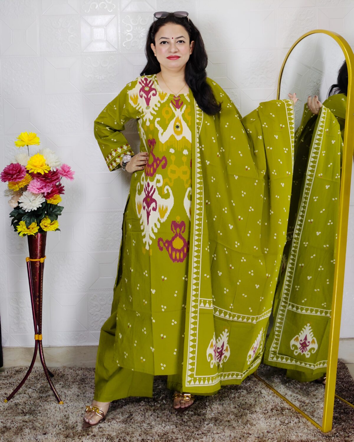 Olive Green Premium Cotton Printed Suit Set for Women | 3 Piece Ethnic Suit with Dupatta