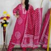Woman wearing Pink Bandhani Print Premium Cotton Straight Kurta Suit Set with Printed Pants and Matching Cotton Dupatta