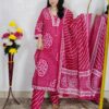 Woman wearing Pink Bandhani Print Premium Cotton Straight Kurta Suit Set with Printed Pants and Matching Cotton Dupatta