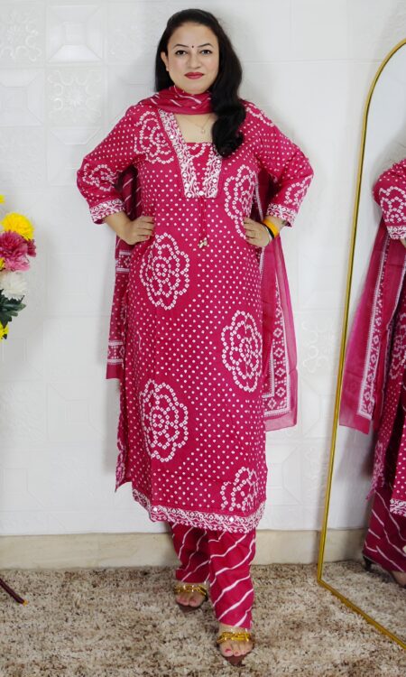 Woman wearing Pink Bandhani Print Premium Cotton Straight Kurta Suit Set with Printed Pants and Matching Cotton Dupatta