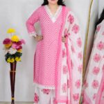 Pink Premium Biba Cotton Suit Set for Women | 3 Piece Printed Cotton Kurta Set with Lace Work & Dupatta