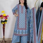 Sky Blue Premium Cotton Suit Set for Women | 3 Piece Printed Cotton Kurta Set with Dupatta