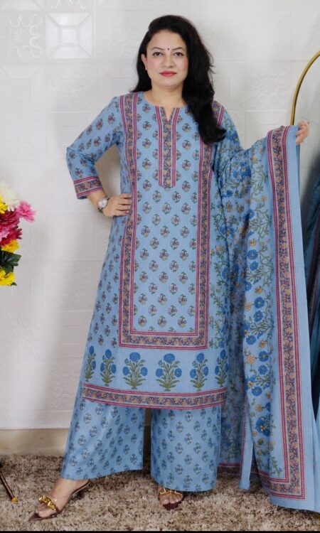 Woman wearing Sky Blue Premium Cotton Printed Straight Kurta Suit Set with Printed Palazzo Pants and Matching Floral Dupatta