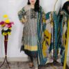 Woman wearing Teal Green Printed Cotton Straight Kurta Suit Set with Printed Palazzo Pants and Floral Printed Dupatta