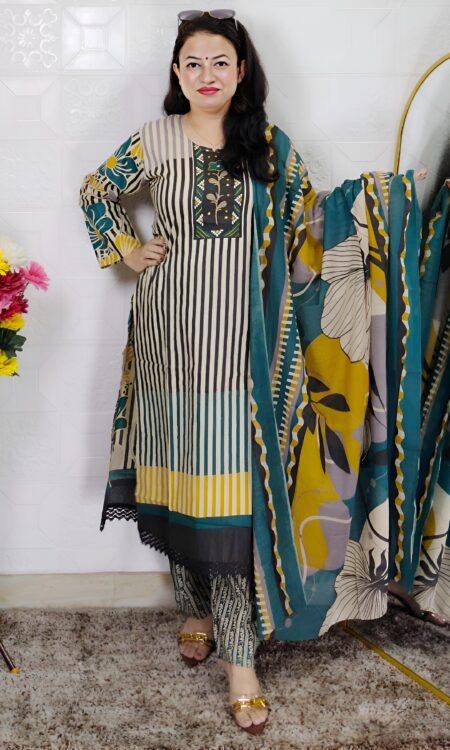 Woman wearing Teal Green Printed Cotton Straight Kurta Suit Set with Printed Palazzo Pants and Floral Printed Dupatta