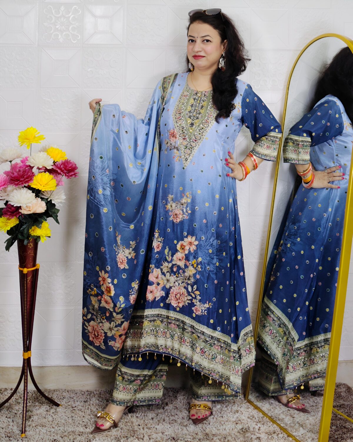 Blue Floral Printed 3 Piece Suit Set for Women