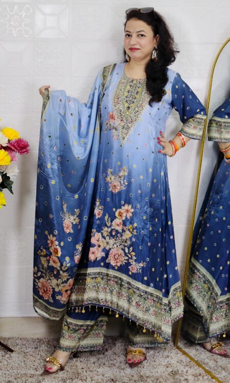 Blue Floral Printed 3 Piece Suit Set for Women