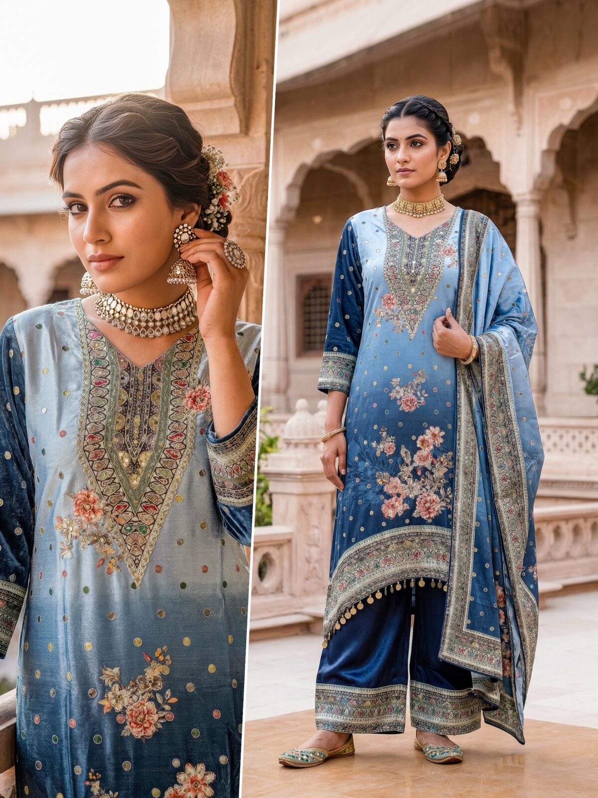 Blue Floral Printed 3 Piece Suit Set for Women