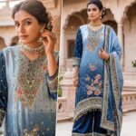 Blue Floral Printed Crepe 3 Piece Suit Set – Festive & Party Wear – Women