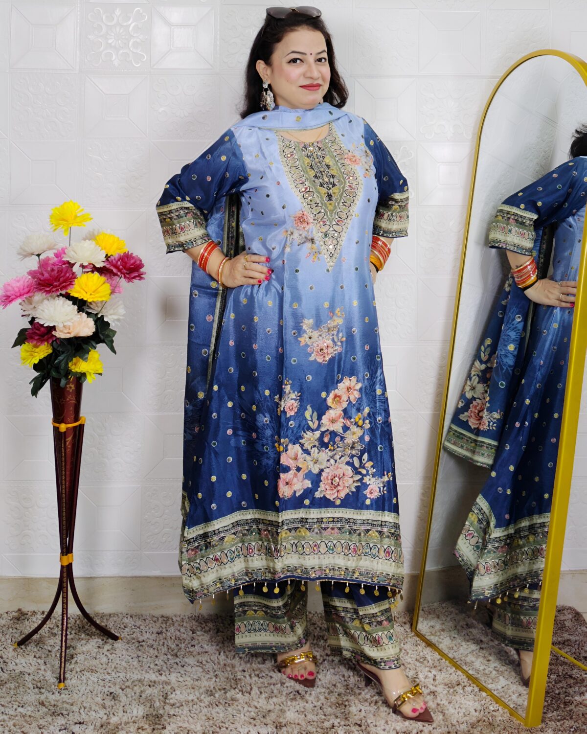 Blue Floral Printed 3 Piece Suit Set for Women