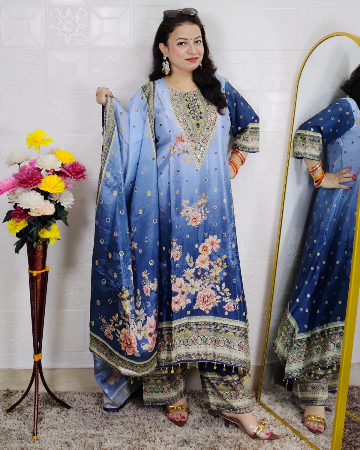 Blue Floral Printed 3 Piece Suit Set for Women