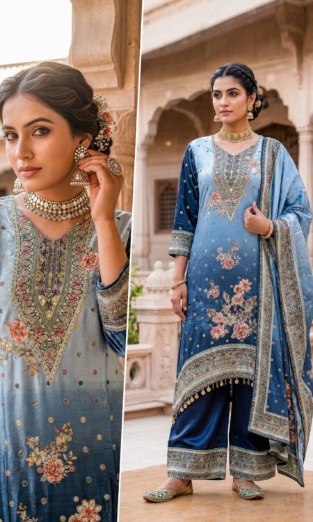 Blue Floral Printed 3 Piece Suit Set for Women