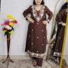 Brown embroidered cotton 3 piece suit set for women with matching dupatta