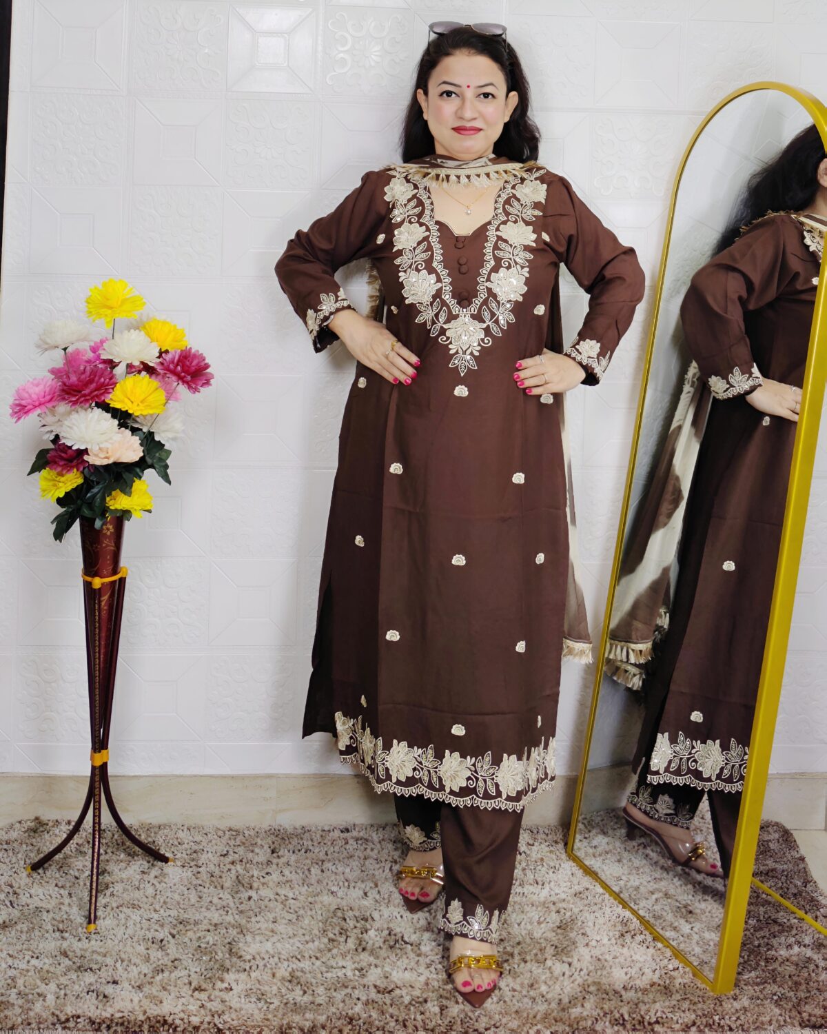 Brown embroidered cotton 3 piece suit set for women with matching dupatta