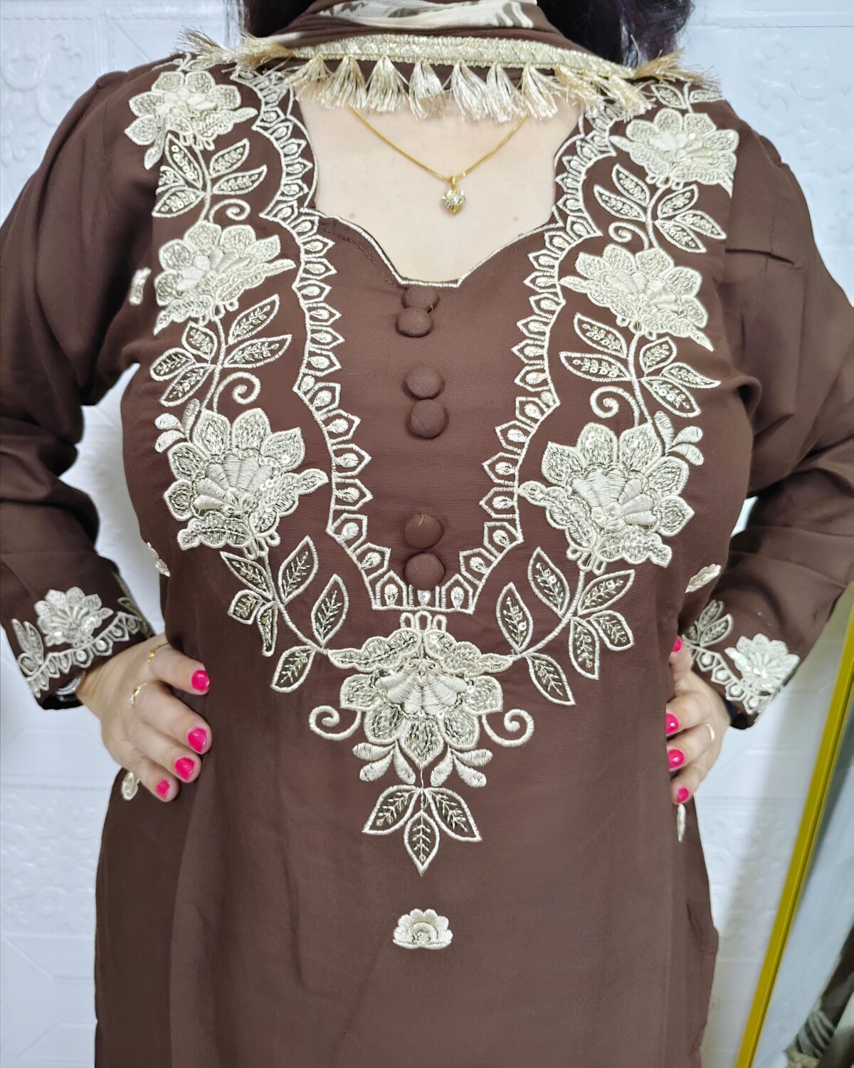 Brown embroidered cotton 3 piece suit set for women with matching dupatta