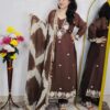 Brown embroidered cotton 3 piece suit set for women with matching dupatta