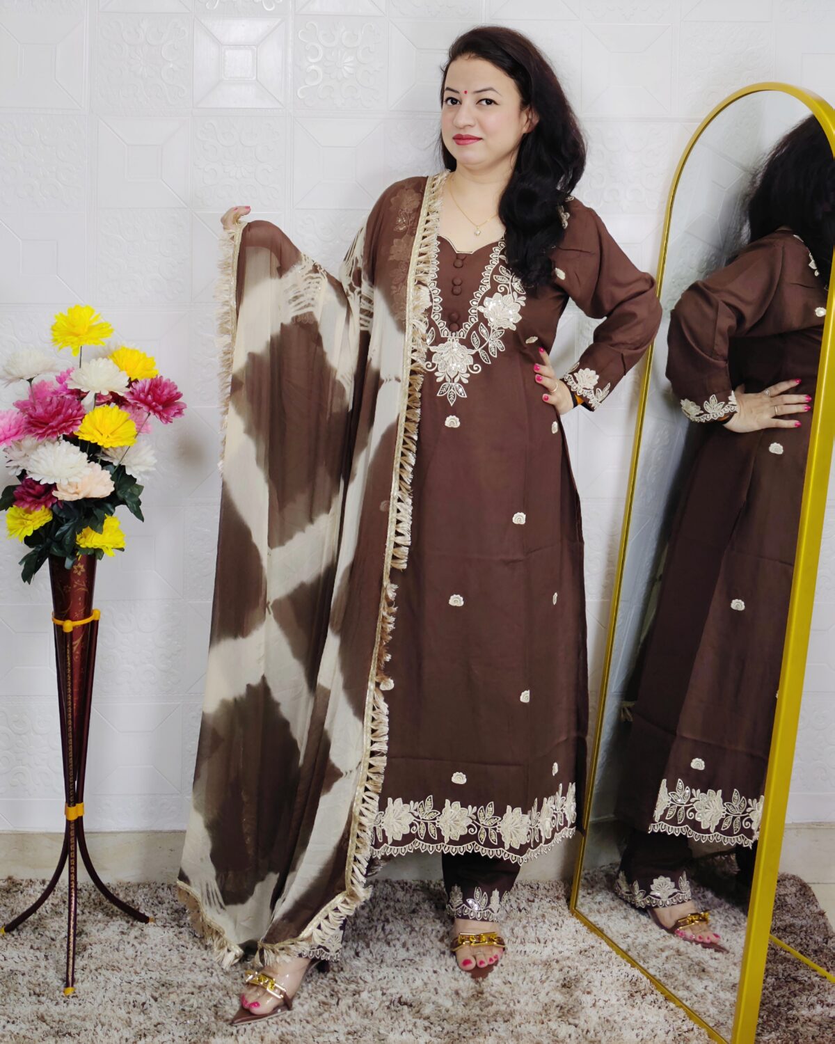 Brown embroidered cotton 3 piece suit set for women with matching dupatta