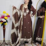 Brown embroidered cotton 3 piece suit set for women with matching dupatta