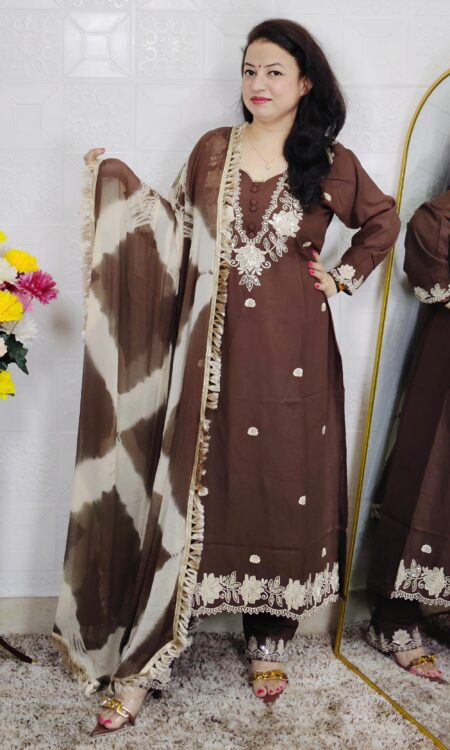 Brown embroidered cotton 3 piece suit set for women with matching dupatta