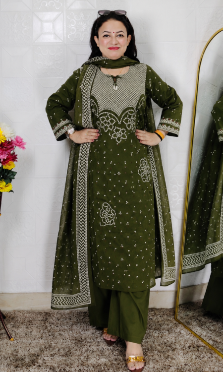 Green Bandhni 3 Piece Suit Set for Women
